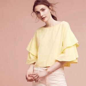LILKA Anthropologie Soft Yellow Cropped Blouse, Button Back, Viscose Cotton, XS